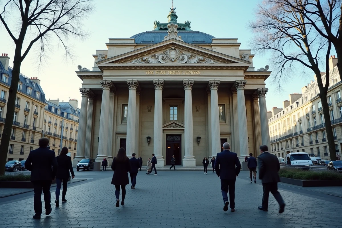Façade du Palais Brongniart à Paris avec des professionnels de la finance en route pour l'ouverture de la Bourse