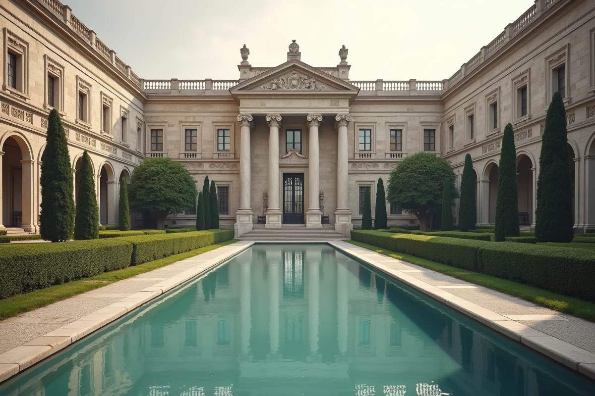 Palais néoclassique avec colonnes de marbre et jardins symétriques illustrant la démesure architecturale des fortunes historiques les plus immenses