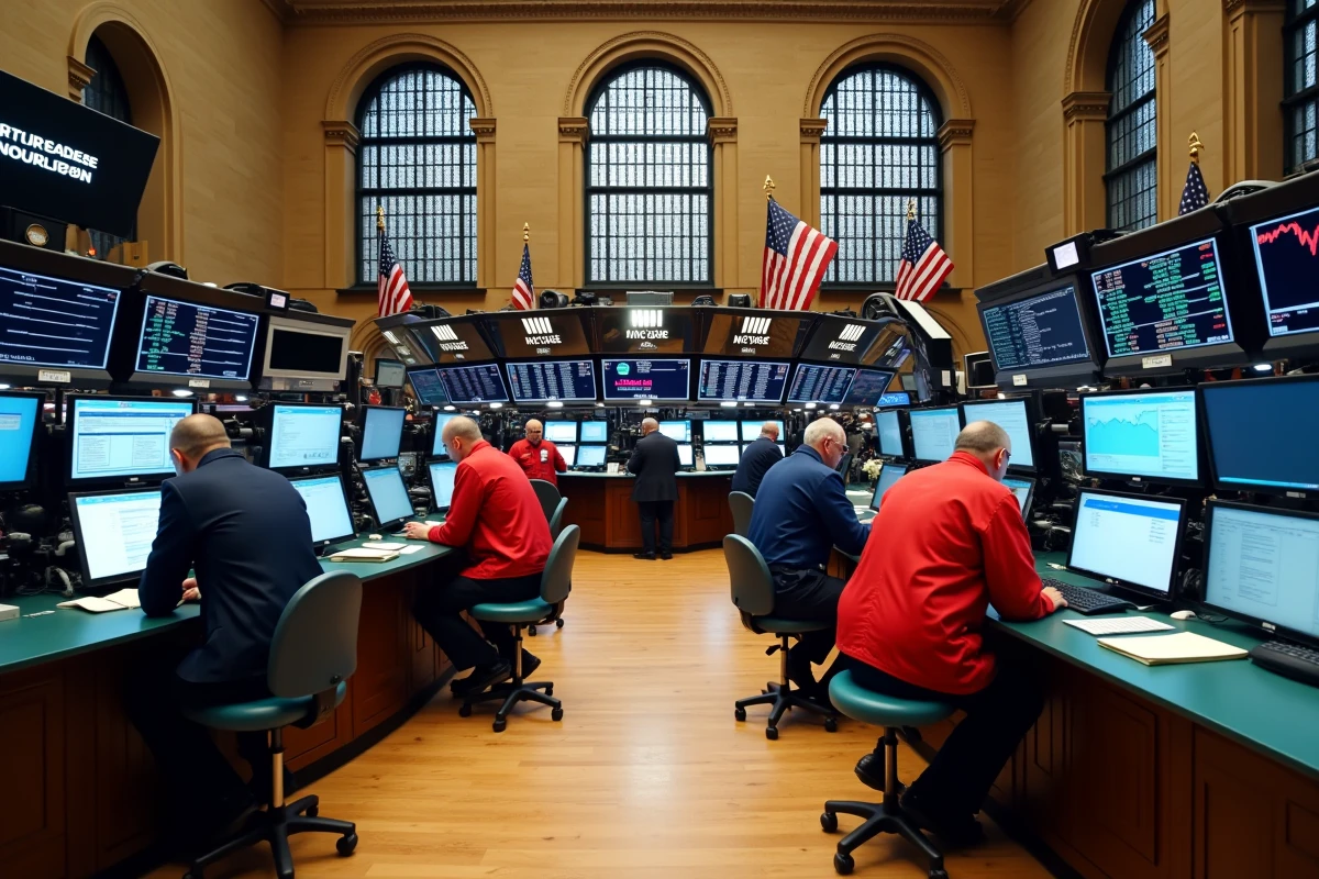 Vue panoramique du parquet boursier de Wall Street lors d'une session de vente massive
