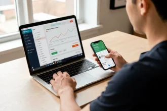 Personne à son bureau utilisant un ordinateur et une application de paiement