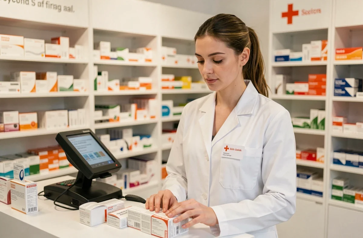 Pharmacienne suisse en blouse blanche dans une pharmacie moderne organisant des médicaments sur ordonnance