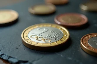 Pièce de 2 euros commémorative Jeux Olympiques 2026 posée sur une ardoise sombre avec détails des anneaux olympiques en gros plan