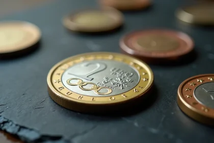 Pièce de 2 euros commémorative Jeux Olympiques 2026 posée sur une ardoise sombre avec détails des anneaux olympiques en gros plan