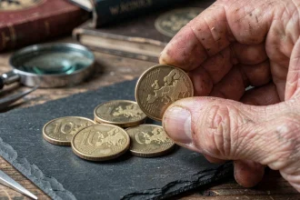 Gros plan macro sur une pièce de 50 centimes rare tenue par un collectionneur avec loupe et catalogue numismatique