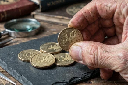 Gros plan macro sur une pièce de 50 centimes rare tenue par un collectionneur avec loupe et catalogue numismatique