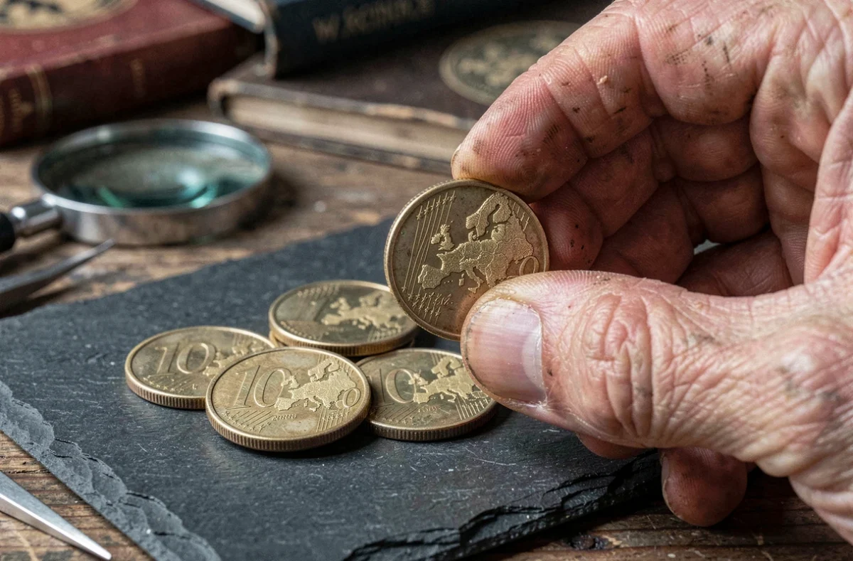 Gros plan macro sur une pièce de 50 centimes rare tenue par un collectionneur avec loupe et catalogue numismatique