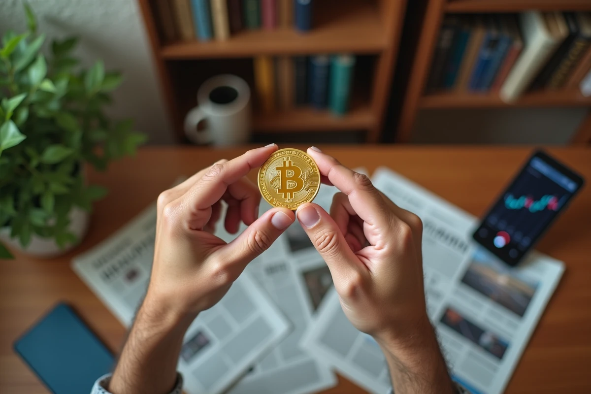 Mains tenant une pièce Bitcoin dorée au-dessus de journaux financiers et d'un smartphone affichant une application de trading