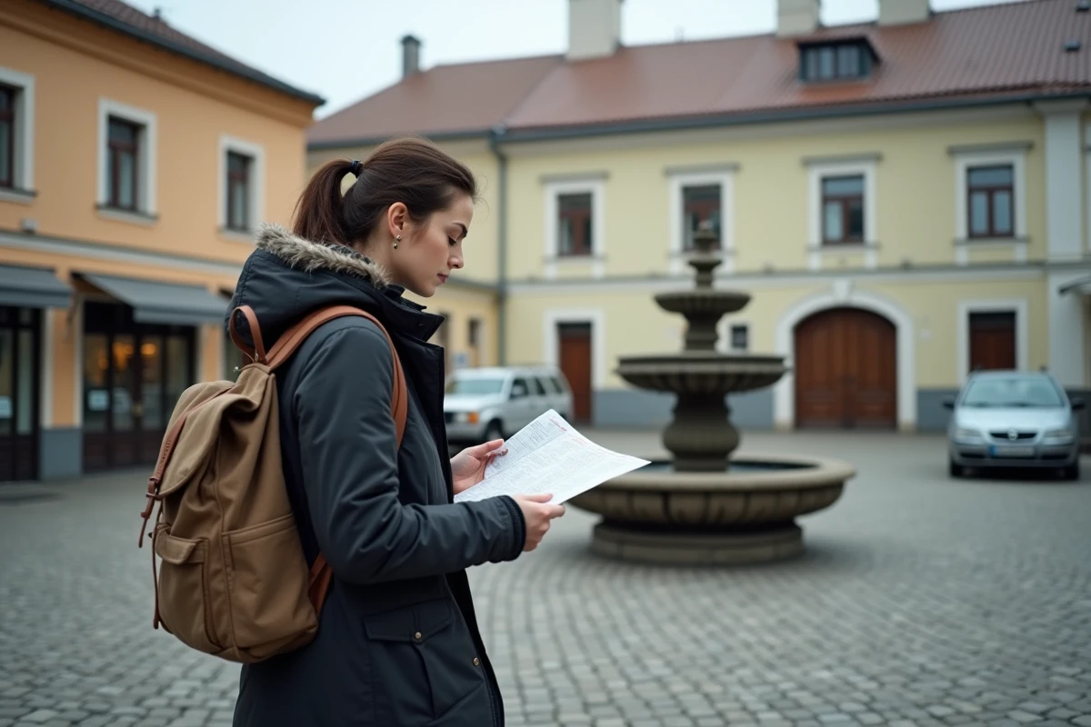 Jeune femme traversant une place de ville d'Europe de l'Est aux facades modestes et pavés anciens