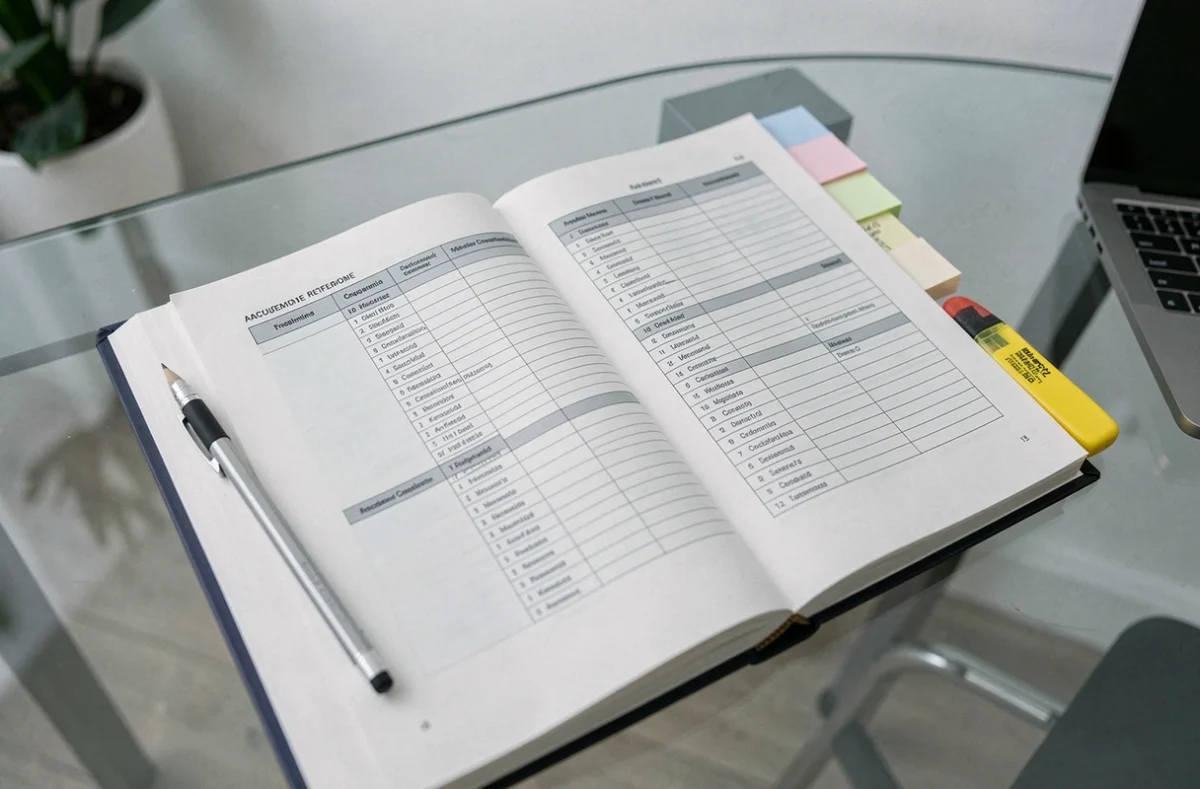 Plan comptable ouvert avec tableau de numérotation des comptes par classe sur un bureau minimaliste