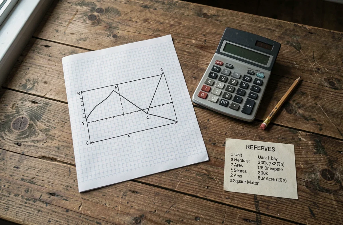 Vue aérienne d'une table avec un plan de parcelle dessiné à la main et une calculatrice pour estimer les ares