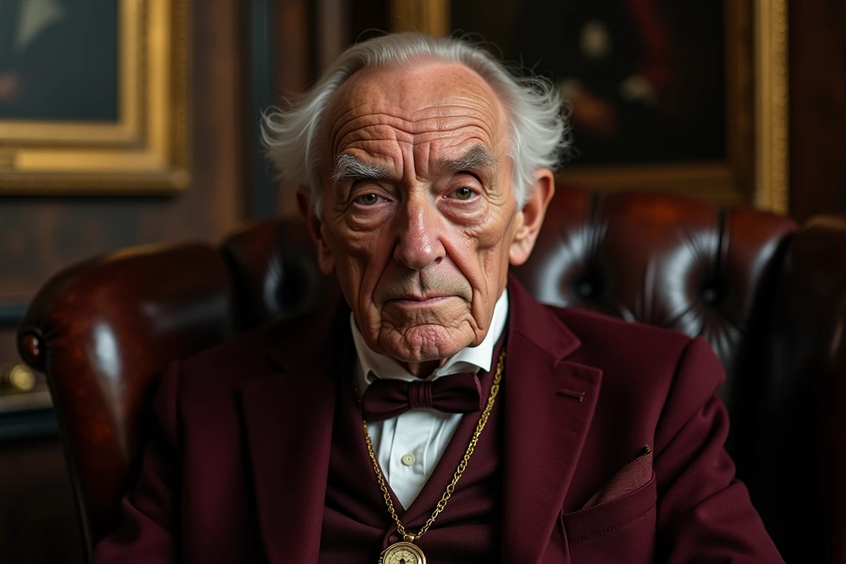 Portrait en gros plan d'un homme âgé en gilet victorien avec montre à gousset évoquant les grandes fortunes historiques et l'héritage financier