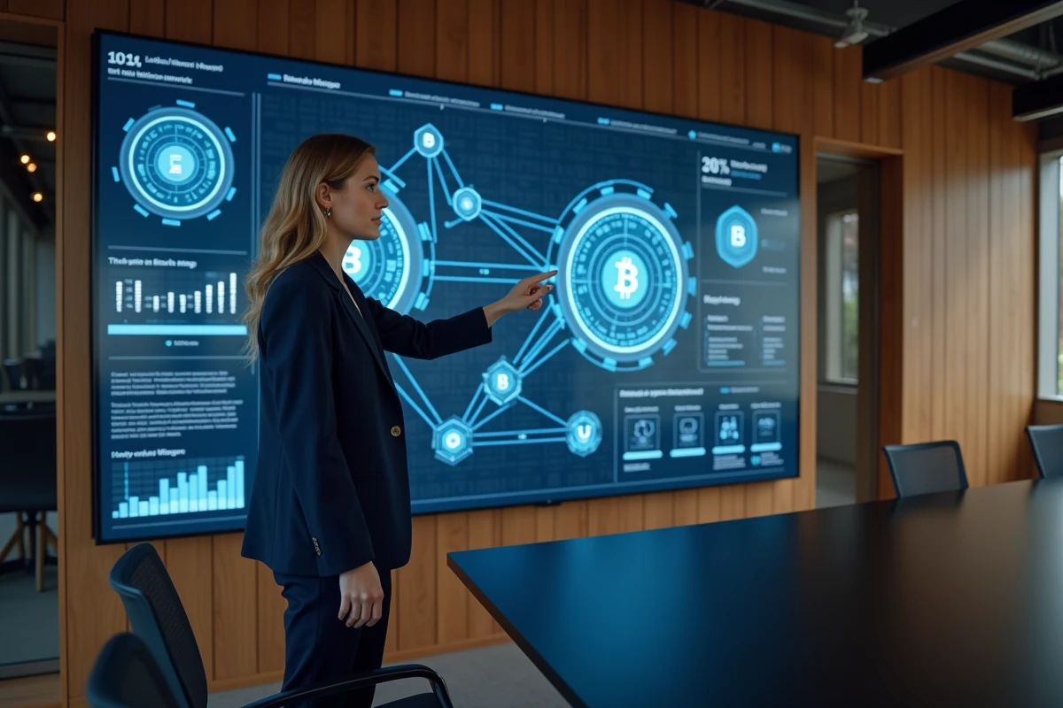 Femme professionnelle présentant des données blockchain sur un écran interactif lors d'une conférence technologique