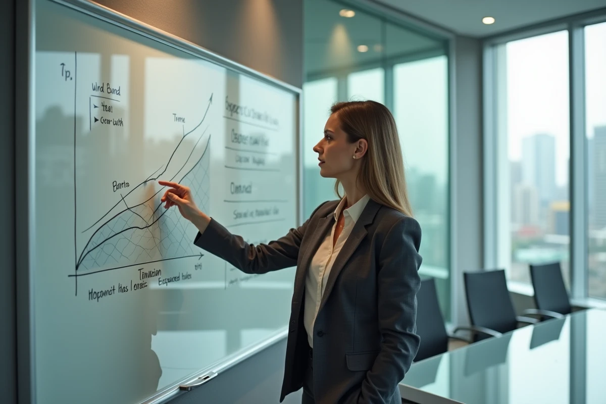 Femme d'affaires présentant un schéma de méthode de capitalisation sur un tableau en salle de conférence