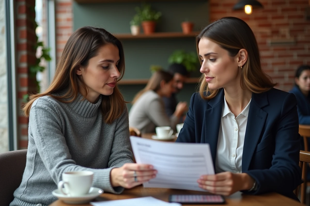 Deux femmes dans un café urbain échangent un contrat de prêt signé entre particuliers, avec des tasses de café et un smartphone affichant un formulaire fiscal sur la table