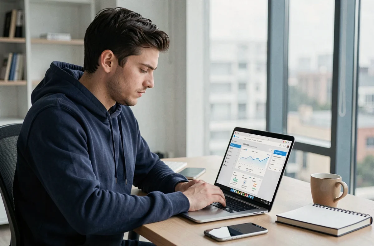Courtier digital Pretto travaillant sur une simulation de prêt immobilier en ligne depuis un bureau à domicile