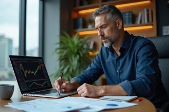 Homme analysant des prévisions boursières 2026 sur un bureau avec graphiques financiers et ordinateur portable