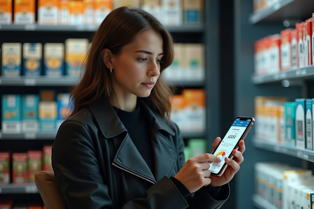 Jeune femme consultant les prix des cigarettes en Italie sur son téléphone dans un bureau de tabac milanais