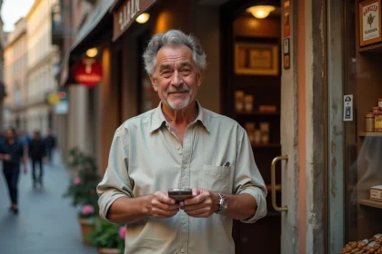 Homme italien tenant un paquet de cigarettes devant un bureau de tabac à Rome en 2026