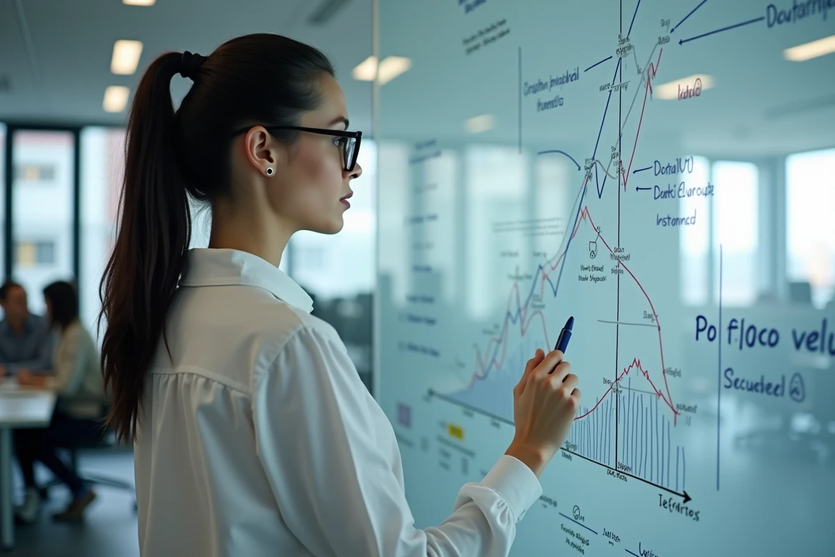 Professeure de finance présentant des formules et théories financières sur tableau blanc dans un bureau moderne