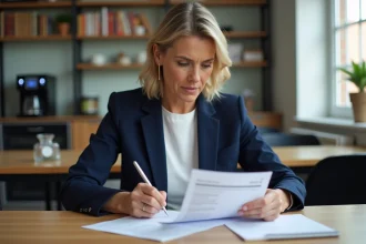 Professeure en mi-temps examinant son bulletin de salaire dans la salle des professeurs