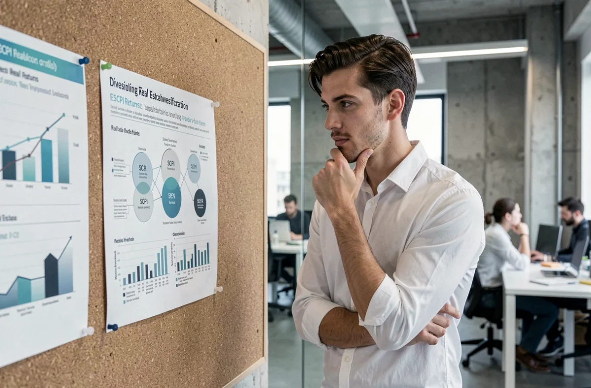 Jeune professionnel analysant un graphique de rendement SCPI dans un espace de coworking contemporain
