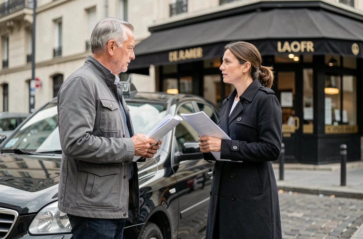 Deux professionnels du taxi discutant de l'opportunité d'achat d'une licence taxi dans une rue urbaine