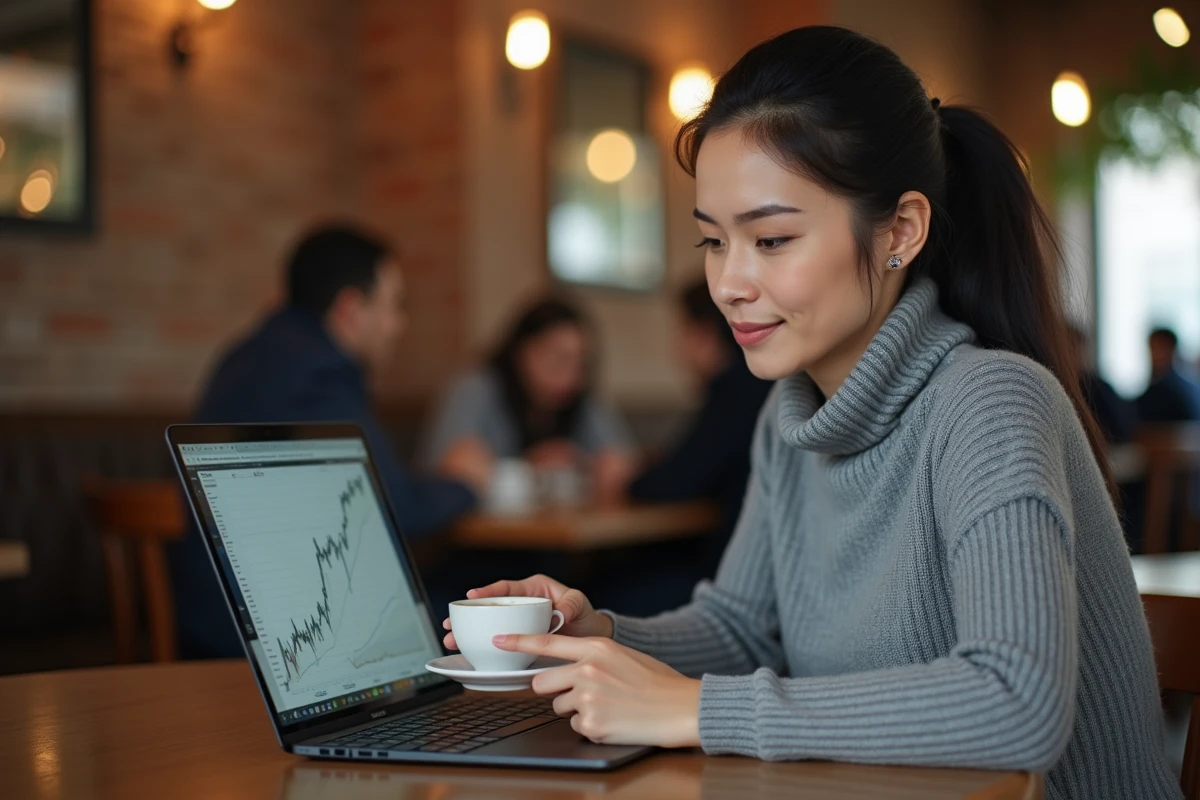 Femme consultant des projections d'investissement sur ordinateur portable dans un café urbain, représentant la planification financière à long terme avec Bitstack