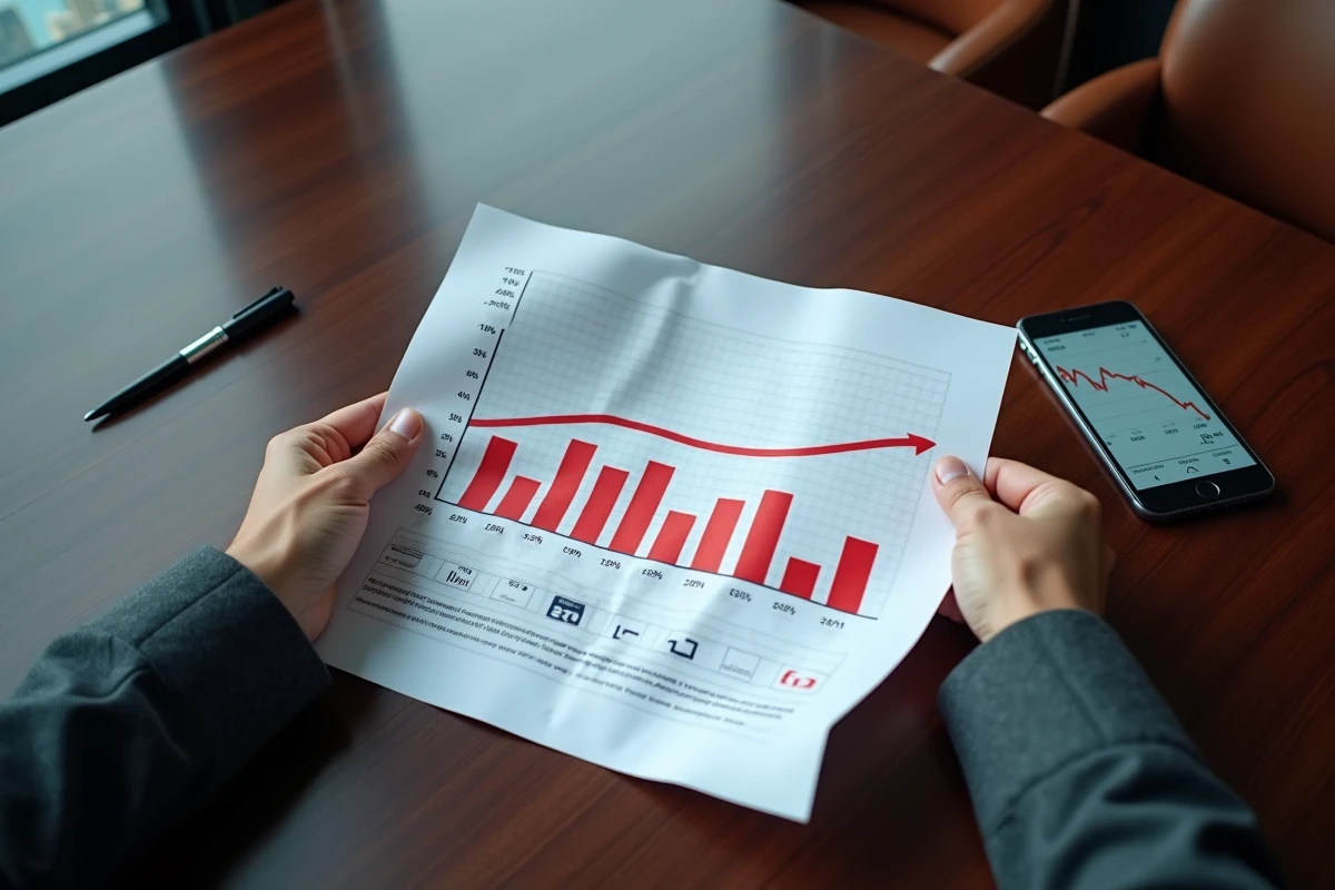 Mains d'un dirigeant tenant un rapport financier imprimé avec des graphiques en chute lors d'un krach boursier