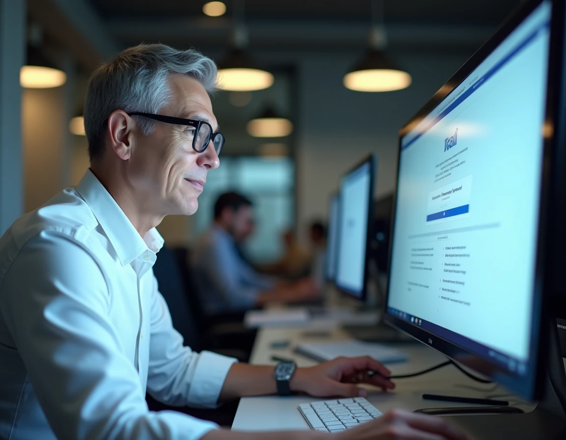 Homme en costume décontracté récupérant son identifiant en ligne depuis un bureau professionnel