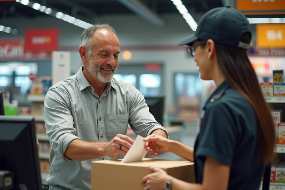 Client remettant un produit à un employé de service client en magasin pour un remboursement intégral
