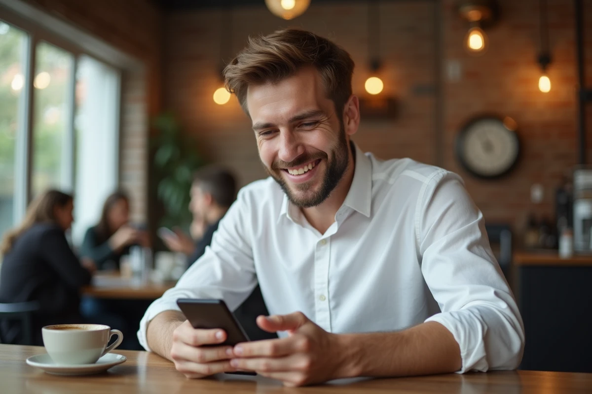 Jeune homme consultant une confirmation de remboursement sur son smartphone dans un café