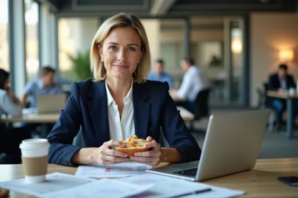 Femme cadre mangeant un sandwich à son bureau entouré de documents fiscaux, illustrant la déductibilité des repas sur le pouce aux impôts 2026