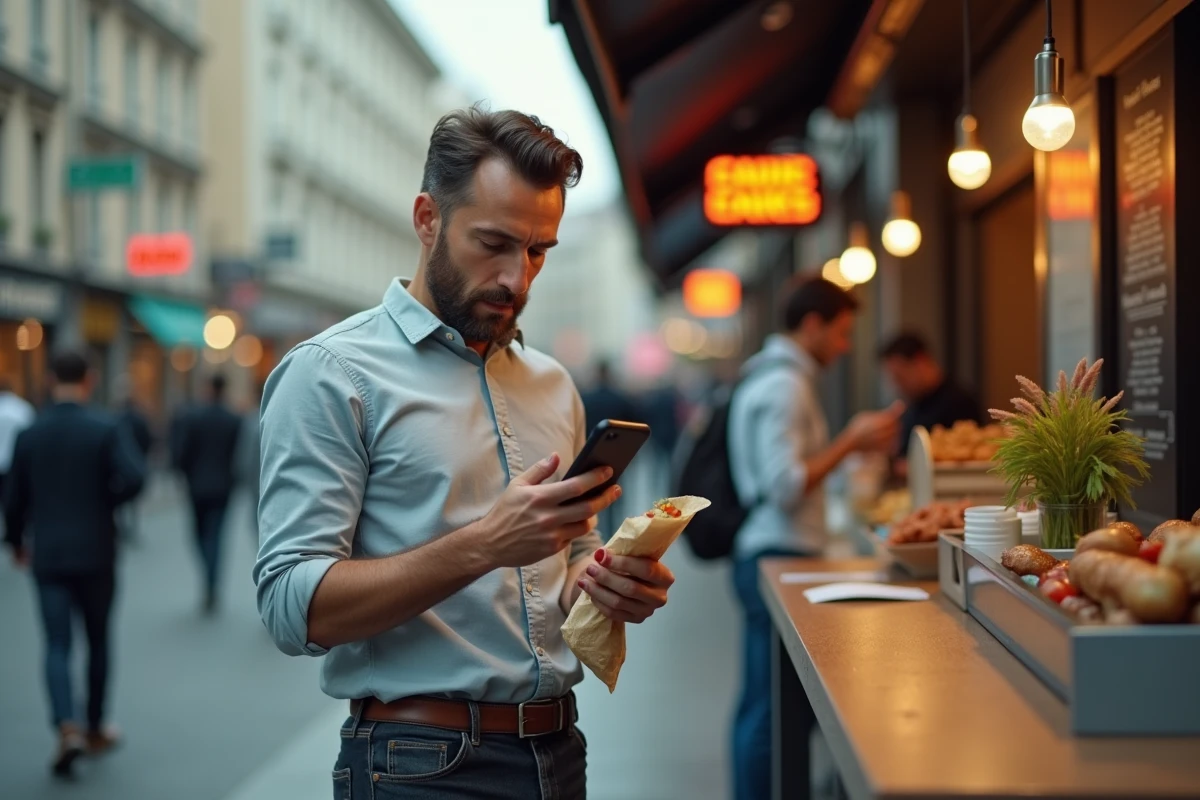 Homme professionnel mangeant un repas rapide sur le pouce dans la rue en consultant son téléphone, contexte fiscal et déductibilité des frais de repas 2026