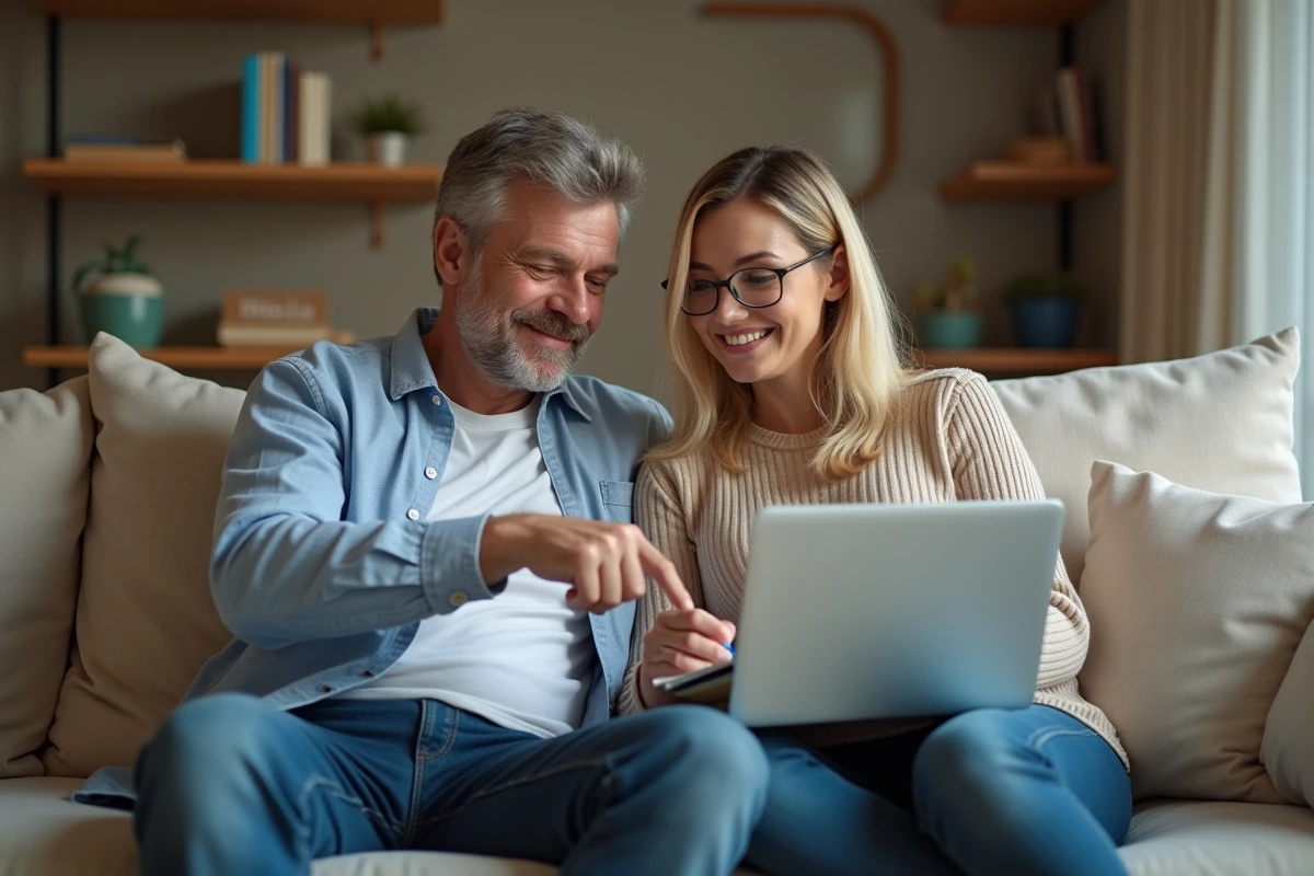 Couple consultant leur espace client assurance habitation sur ordinateur portable dans leur salon pour résilier leur contrat