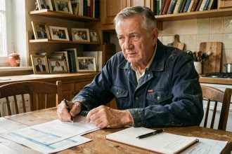 Ouvrier de 58 ans en retraite anticipée calculant sa pension nette autour de documents officiels à la maison