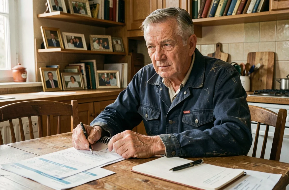 Ouvrier de 58 ans en retraite anticipée calculant sa pension nette autour de documents officiels à la maison