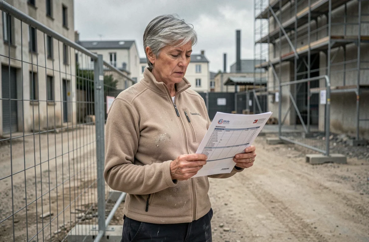 Femme travaillant dans le BTP consultant son estimation de retraite anticipée pour carrière pénible sur chantier