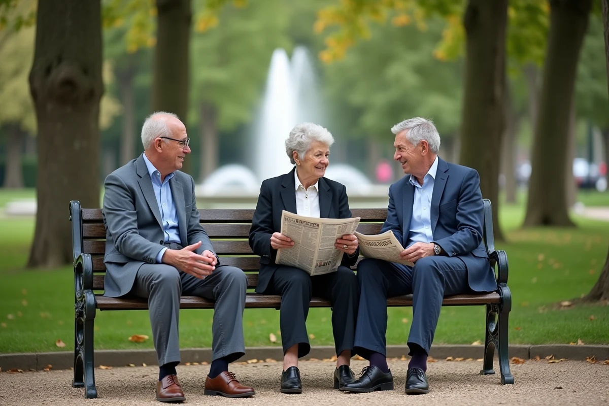 Groupe de retraités de la fonction publique discutant de leur pension dans un parc