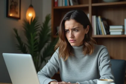 Femme cherchant son identifiant de compte sur son ordinateur portable depuis son bureau à domicile