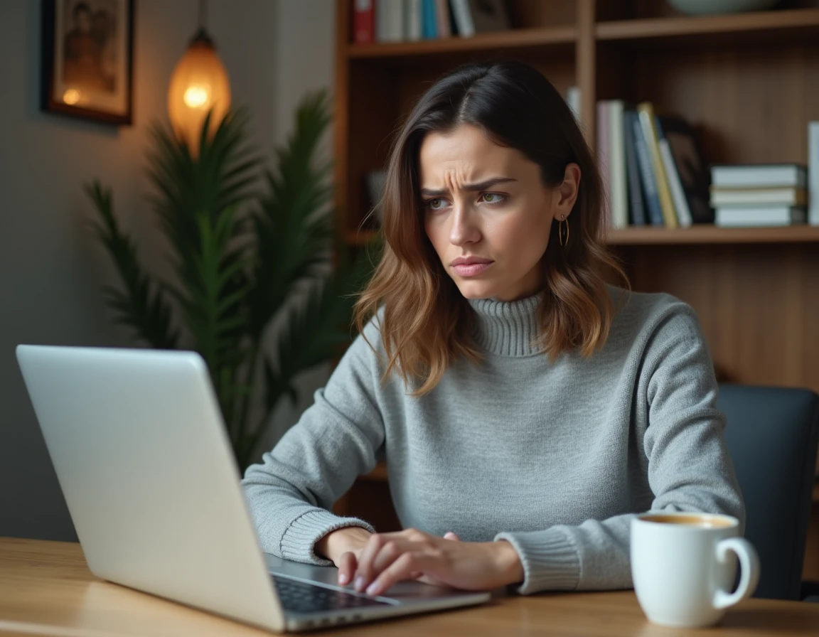 Femme cherchant son identifiant de compte sur son ordinateur portable depuis son bureau à domicile