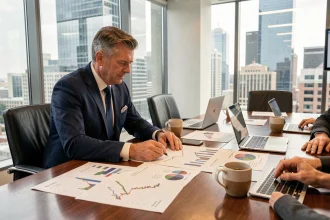 Directeur financier analysant des graphiques lors d'une réunion d'affaires en salle de conférence moderne