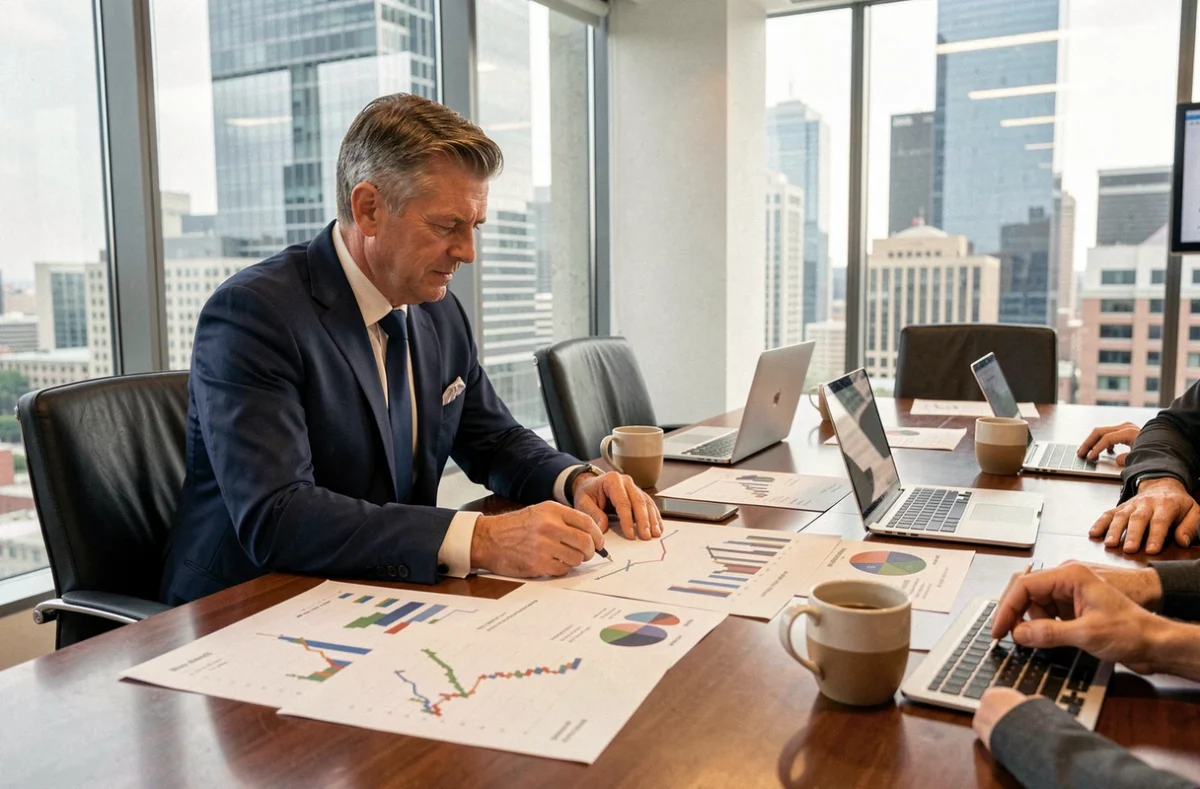 Directeur financier analysant des graphiques lors d'une réunion d'affaires en salle de conférence moderne