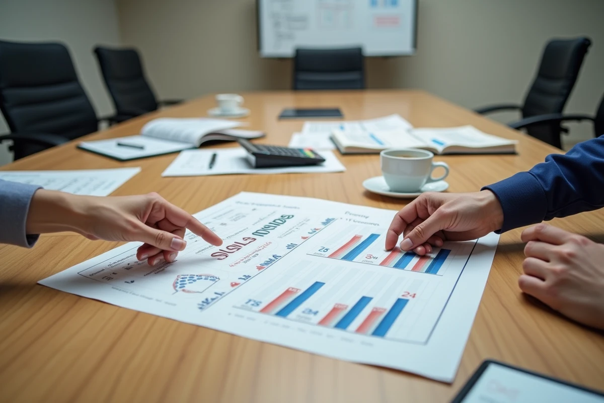 Mains pointant des graphiques fiscaux sur une table de réunion pour illustrer les nouveaux impôts 2026