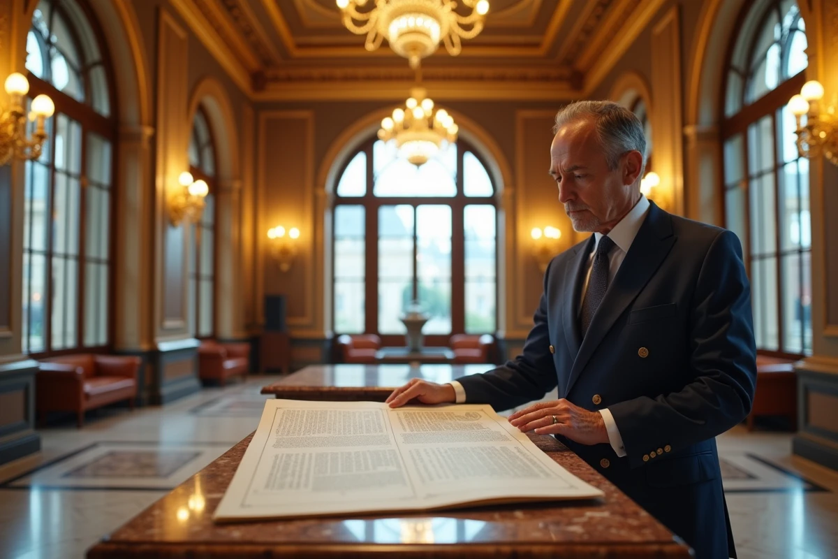 Intérieur d'une grande salle bancaire haussmannienne évoquant la puissance financière et le patrimoine historique de la famille Rothschild