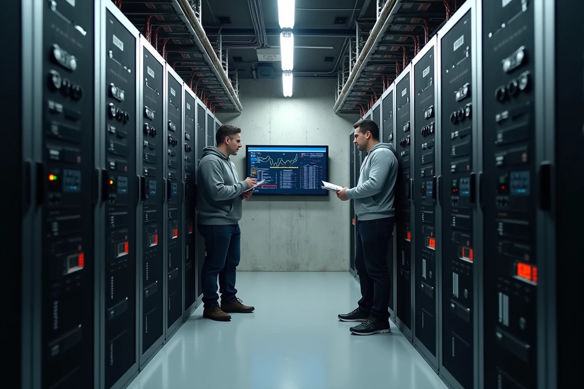 Salle de minage professionnelle avec rangées d'Antminers et tableau de bord affichant les gains quotidiens