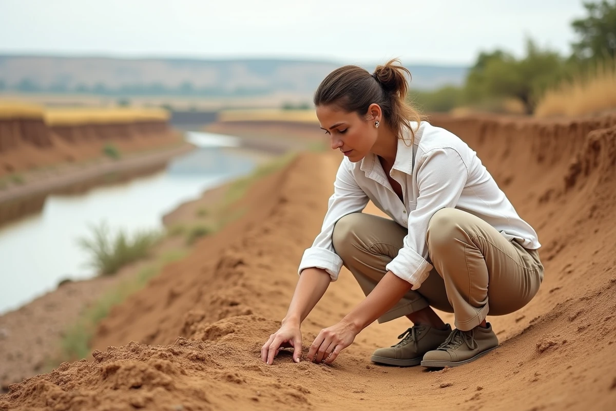 Scientifique analysant un sol aride et fissuré illustrant les conséquences économiques sur les ressources naturelles et l'environnement