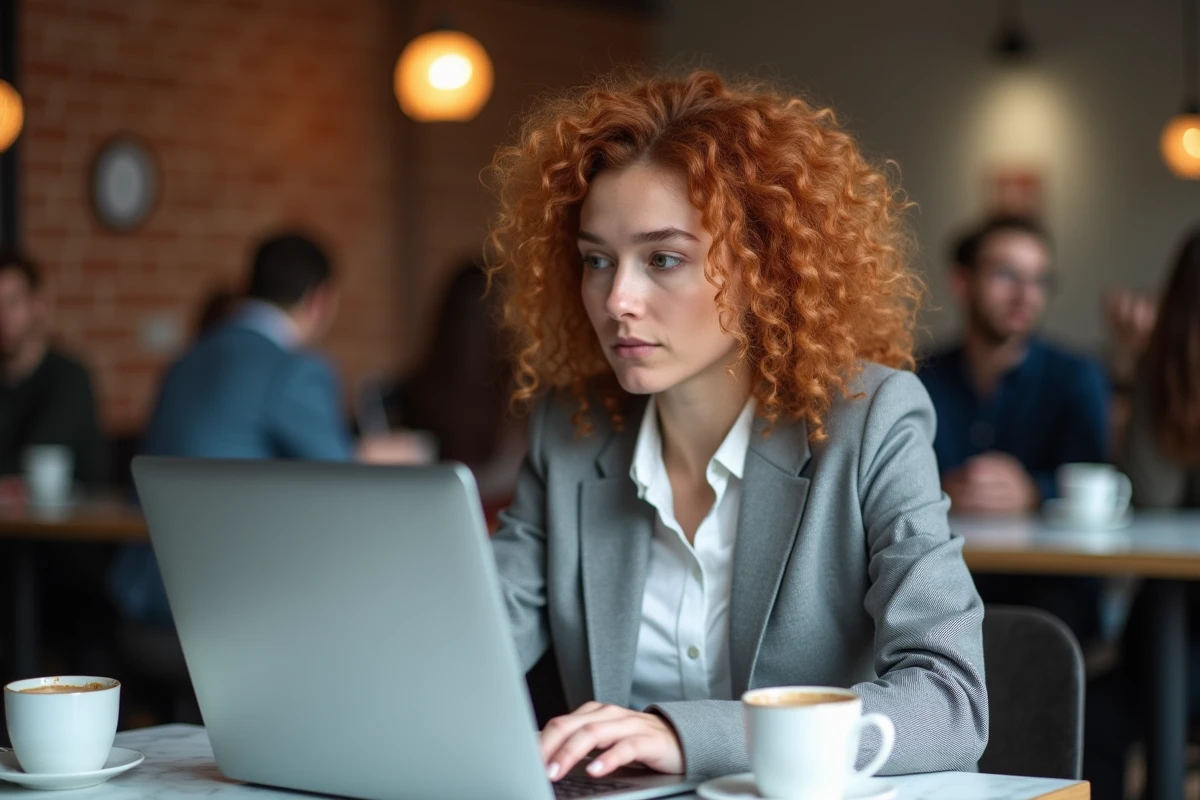 Femme professionnelle analysant la sécurité de Trust Wallet sur ordinateur portable dans un café urbain