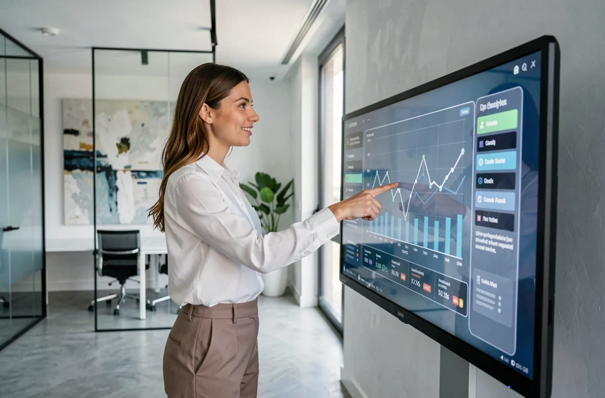 Conseillère de Selexium Nice guidant un client à travers une simulation d'investissement sur écran tactile dans un bureau moderne