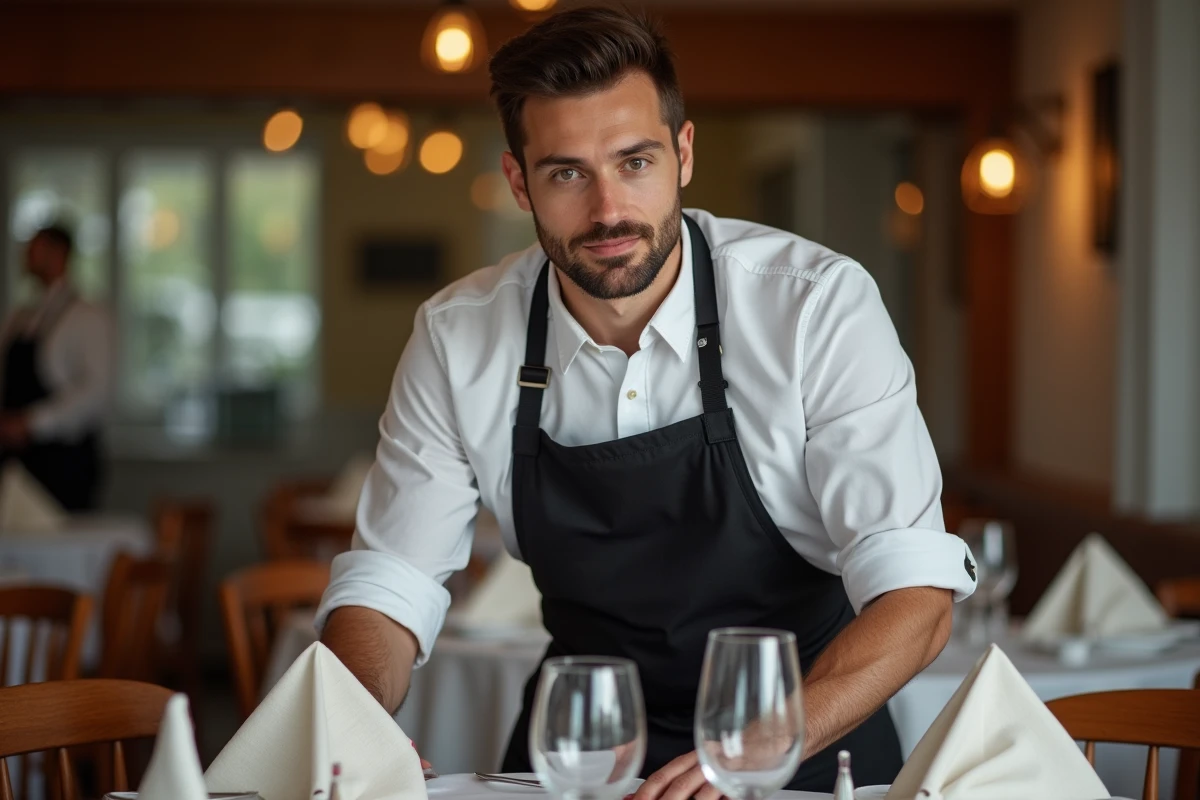 Serveur dans un restaurant suisse dressant les tables, illustration du salaire minimum dans le secteur de l'hôtellerie-restauration en Suisse