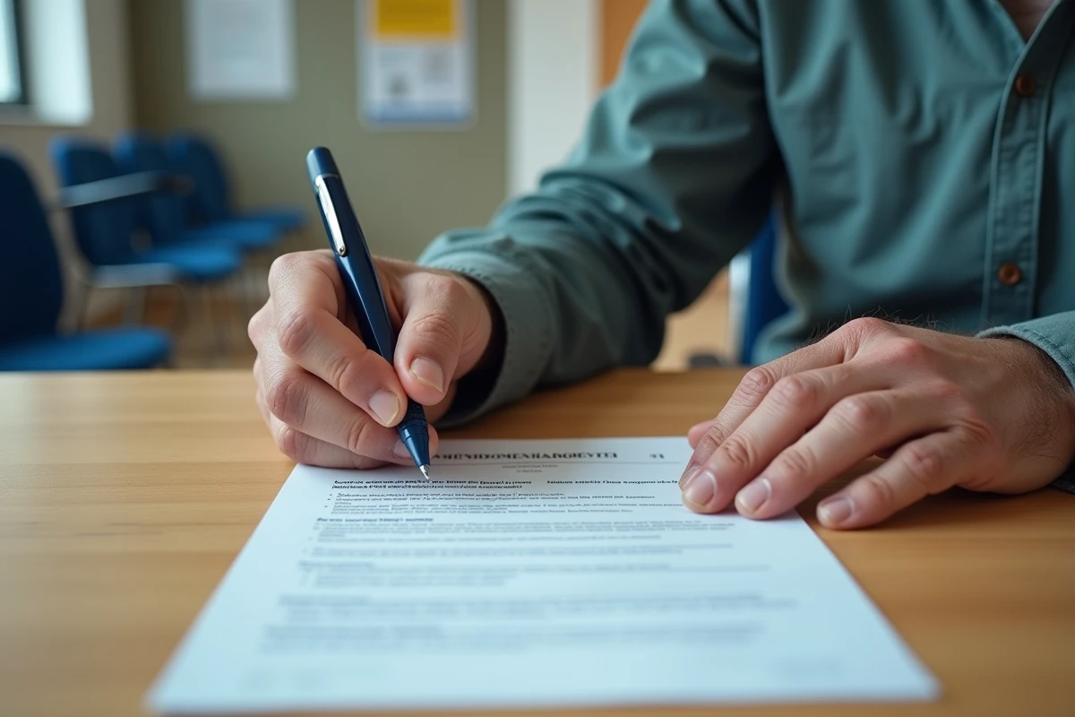 Gros plan de mains d'ouvrier signant un document de rachat de rente suite à un accident du travail